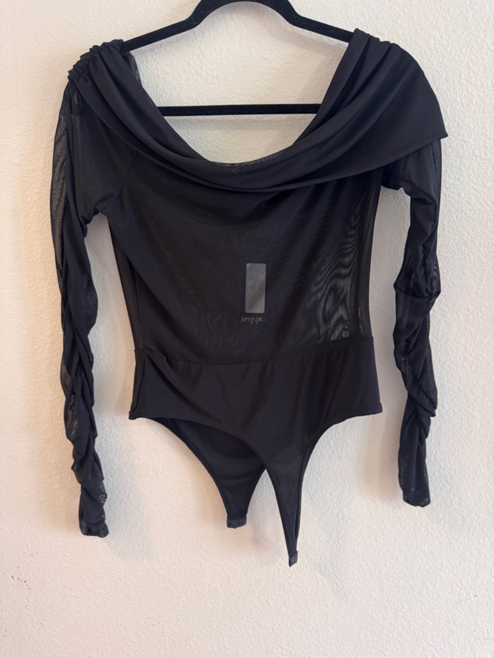 Nasty Gal Black Sheer Mesh Off The Shoulder Bodysuit, Size 8